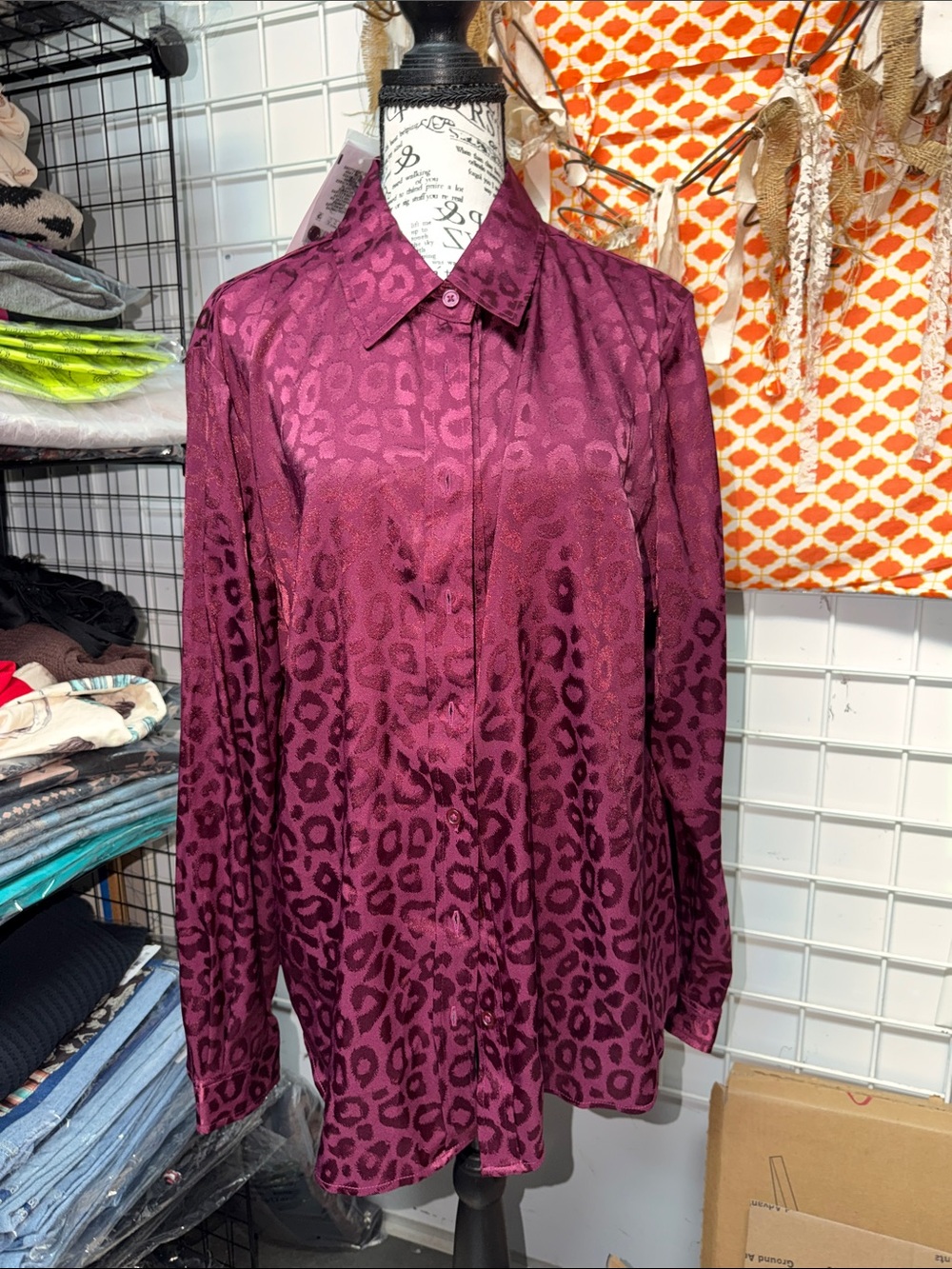 The Limited Burgundy Leopard-Print Satin Blouse